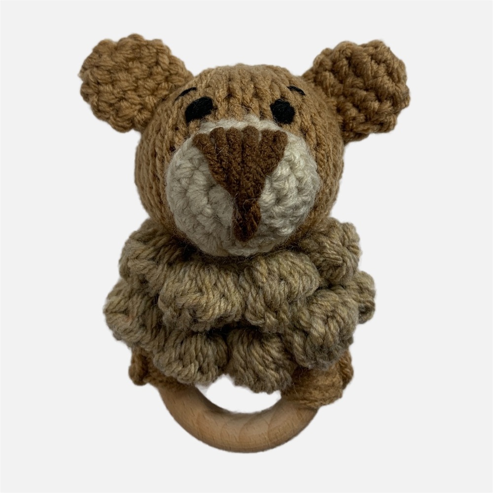 Handmade Crocheted Teething Bear Rattle with Beechwood Ring